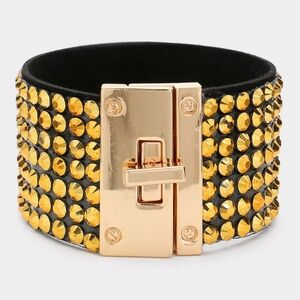 Gold 7 Row Studded Rhinestone Crystal Lock Bracelet Fashion Statement Jewelry